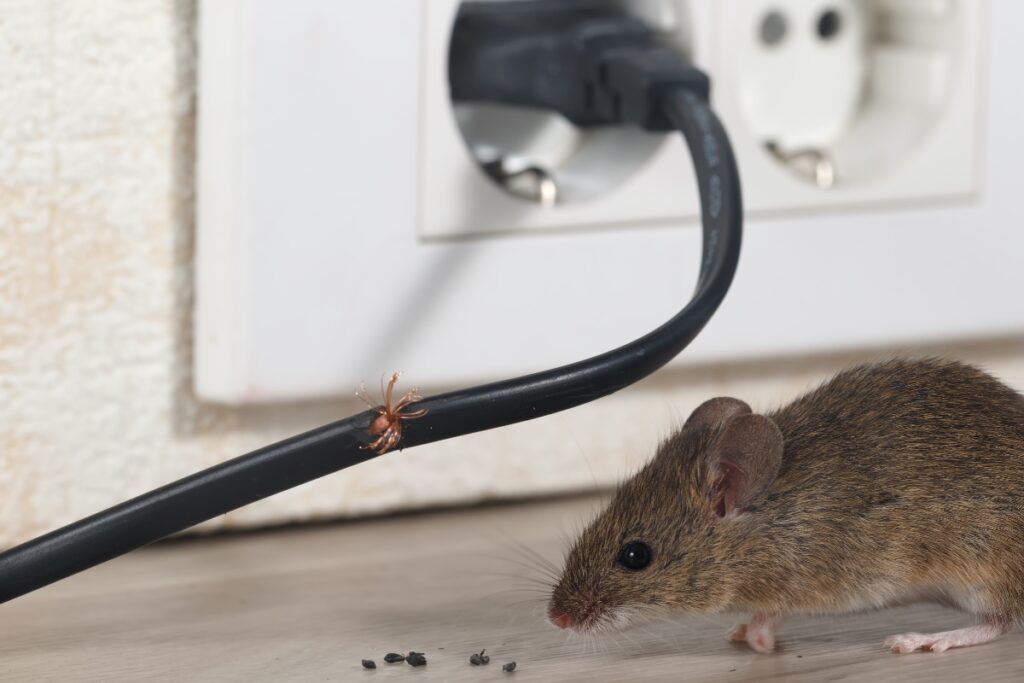 Souris à côté d'une prise électrique sur laquelle se trouve un fil sur lequel repose une araignée, le tout placé au-dessus d'un comptoir sur lequel se trouvent des insectes morts